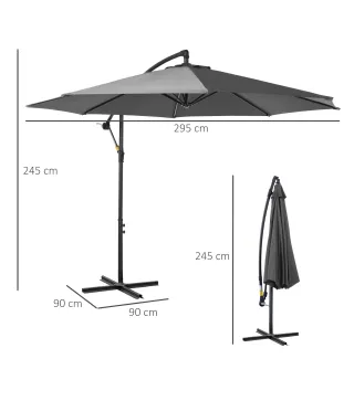 Sombrilla de Jardín Ø295 cm Parasol Excéntrico Inclinable con Manivela Base Cruzada y Soporte de Acero Gris