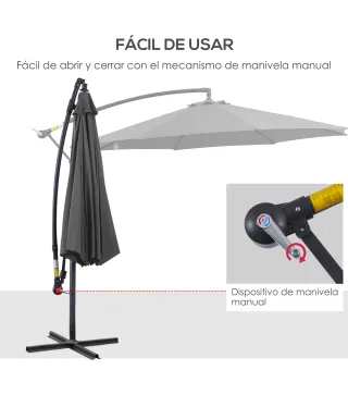 Sombrilla de Jardín Ø295 cm Parasol Excéntrico Inclinable con Manivela Base Cruzada y Soporte de Acero Gris
