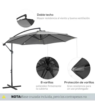 Sombrilla de Jardín Ø295 cm Parasol Excéntrico Inclinable con Manivela Base Cruzada y Soporte de Acero Gris
