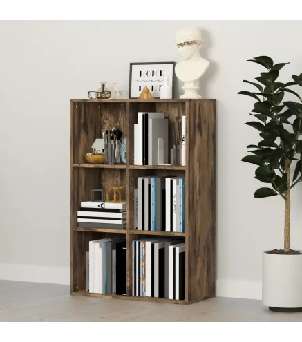 Librería de 3 Niveles Estantería para Libros con 6 Cubos de Almacenaje para Estudio 65,5x30x97,5 cm Marrón Rústico