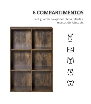 Librería de 3 Niveles Estantería para Libros con 6 Cubos de Almacenaje para Estudio 65,5x30x97,5 cm Marrón Rústico