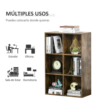 Librería de 3 Niveles Estantería para Libros con 6 Cubos de Almacenaje para Estudio 65,5x30x97,5 cm Marrón Rústico