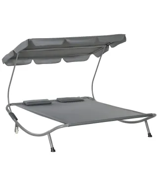 Tumbona Doble con Toldo Ajustable Tumbona de Jardín para 2 Personas con Cojines y 2 Ruedas 200x175x134 cm Gris