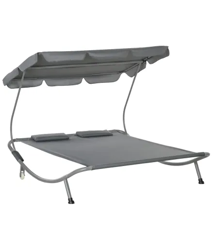 Tumbona Doble con Toldo Ajustable Tumbona de Jardín para 2 Personas con Cojines y 2 Ruedas 200x175x134 cm Gris