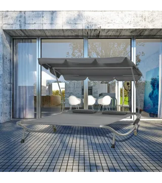 Tumbona Doble con Toldo Ajustable Tumbona de Jardín para 2 Personas con Cojines y 2 Ruedas 200x175x134 cm Gris