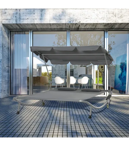 Tumbona Doble con Toldo Ajustable Tumbona de Jardín para 2 Personas con Cojines y 2 Ruedas 200x175x134 cm Gris