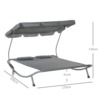 Tumbona Doble con Toldo Ajustable Tumbona de Jardín para 2 Personas con Cojines y 2 Ruedas 200x175x134 cm Gris