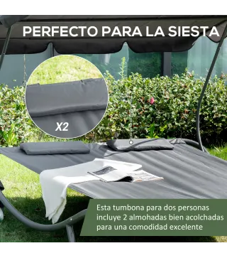 Tumbona Doble con Toldo Ajustable Tumbona de Jardín para 2 Personas con Cojines y 2 Ruedas 200x175x134 cm Gris