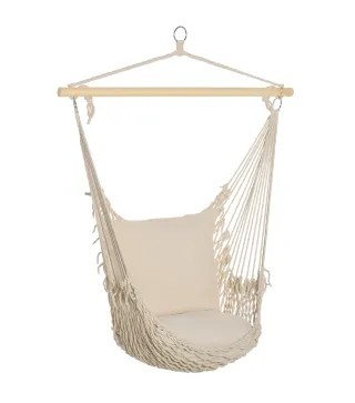 Silla Colgante Silla Hamaca Columpio con 2 Cojines Barra de Madera Carga 120 kg para Interior y Exterior Crema