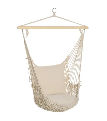 Silla Colgante Silla Hamaca Columpio con 2 Cojines Barra de Madera Carga 120 kg para Interior y Exterior Crema