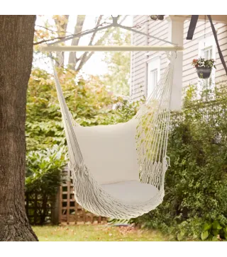 Silla Colgante Silla Hamaca Columpio con 2 Cojines Barra de Madera Carga 120 kg para Interior y Exterior Crema