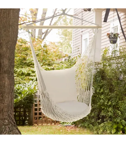 Silla Colgante Silla Hamaca Columpio con 2 Cojines Barra de Madera Carga 120 kg para Interior y Exterior Crema