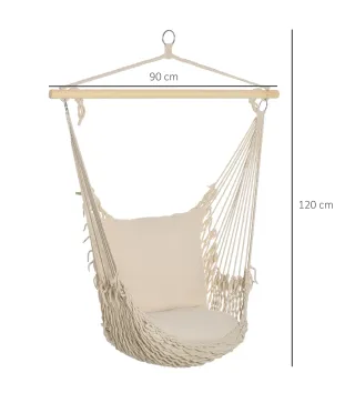 Silla Colgante Silla Hamaca Columpio con 2 Cojines Barra de Madera Carga 120 kg para Interior y Exterior Crema