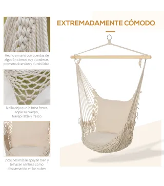 Silla Colgante Silla Hamaca Columpio con 2 Cojines Barra de Madera Carga 120 kg para Interior y Exterior Crema