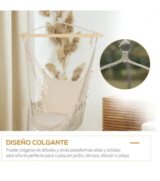 Silla Colgante Silla Hamaca Columpio con 2 Cojines Barra de Madera Carga 120 kg para Interior y Exterior Crema