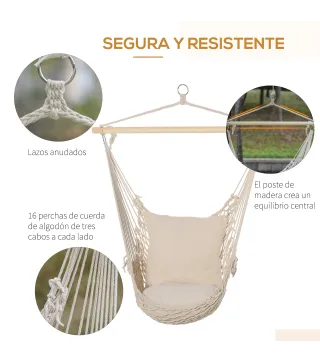 Silla Colgante Silla Hamaca Columpio con 2 Cojines Barra de Madera Carga 120 kg para Interior y Exterior Crema