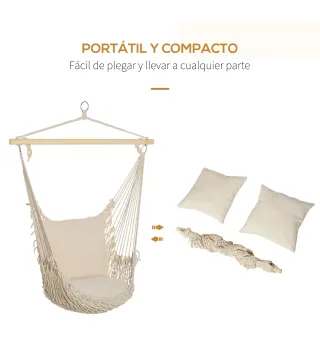 Silla Colgante Silla Hamaca Columpio con 2 Cojines Barra de Madera Carga 120 kg para Interior y Exterior Crema