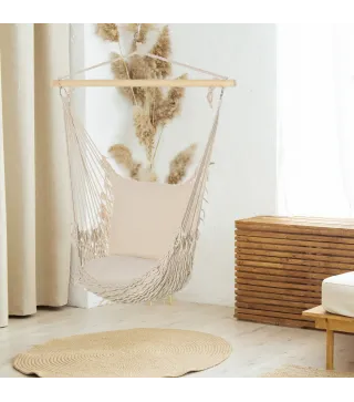 Silla Colgante Silla Hamaca Columpio con 2 Cojines Barra de Madera Carga 120 kg para Interior y Exterior Crema