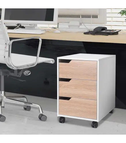 Cajonera de Oficina con Ruedas Mueble Archivador con 3 Cajones Cajonera para Escritorio Estudio 40x50x57,5 cm Roble y Blanco