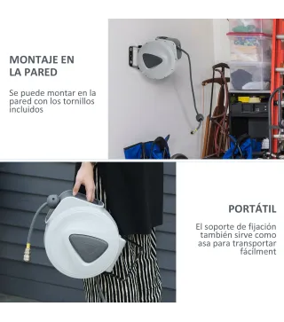 Carrete de Manguera de Aire Comprimido Automático de 10 m Conector de 1/4'' BSP Soporte para Pared Giratorio 180° Gris