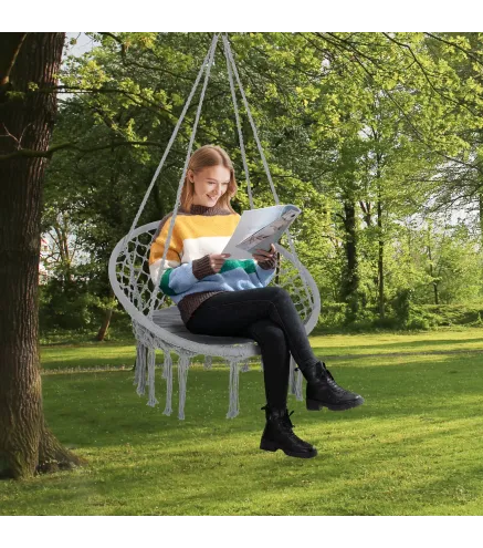 Silla Colgante Redondo de Ø60 cm Silla Hamaca Columpio con Cojín y Cuerda de Algodón para Interior y Exterior Carga 120 kg 80x80