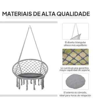 Silla Colgante Redondo de Ø60 cm Silla Hamaca Columpio con Cojín y Cuerda de Algodón para Interior y Exterior Carga 120 kg 80x80