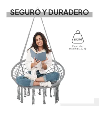 Silla Colgante Redondo de Ø60 cm Silla Hamaca Columpio con Cojín y Cuerda de Algodón para Interior y Exterior Carga 120 kg 80x80