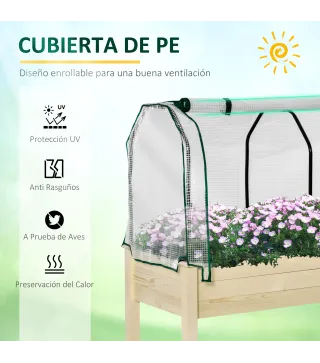 Huerto Urbano Elevado de Madera 121x55x117 cm con Cubierta de Protección Mesa de Jardinera para Cultivo Flores Vegetales en Jard