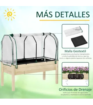 Huerto Urbano Elevado de Madera 121x55x117 cm con Cubierta de Protección Mesa de Jardinera para Cultivo Flores Vegetales en Jard