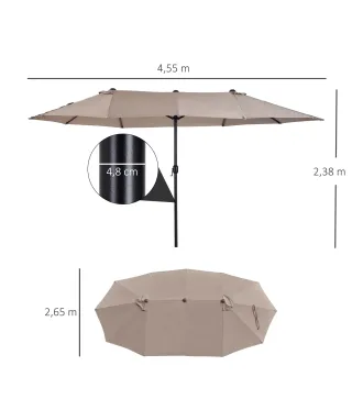Sombrilla Doble para Jardín 455x265x238 cm Parasol Grande con Manivela Manual Protección Solar Color Café