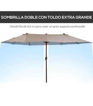 Sombrilla Doble para Jardín 455x265x238 cm Parasol Grande con Manivela Manual Protección Solar Color Café