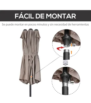 Sombrilla Doble para Jardín 455x265x238 cm Parasol Grande con Manivela Manual Protección Solar Color Café