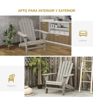 Silla de Jardín Adirondack Asiento Extra Ancho Carga 150 kg para Patio Terraza Balcón 78x89x88 cm Gris Claro
