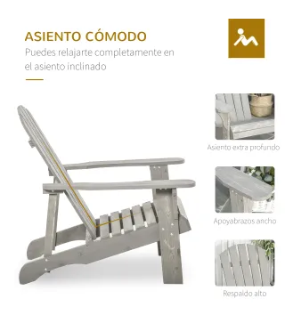 Silla de Jardín Adirondack Asiento Extra Ancho Carga 150 kg para Patio Terraza Balcón 78x89x88 cm Gris Claro