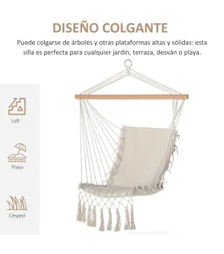 Silla Colgante con Borlas Carga 120 kg Silla Columpio de Algodón Estilo Moderno para Interior y Exterior Blanco