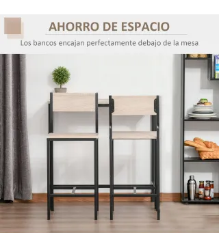 Set de Mesa de Bar y 2 Taburetes Estilo Industrial Marco de Metal para Cocina Salón Natural y Negro