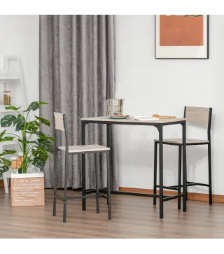 Set de Mesa de Bar y 2 Taburetes Estilo Industrial Marco de Metal para Cocina Salón Natural y Negro