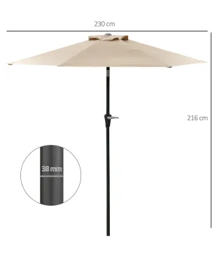 Sombrilla de Jardín Ø230x216 cm Parasol Basculante con Apertura Manual Impermeable para Patio Piscina Caqui