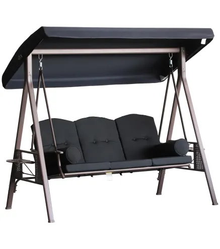 Columpio de Jardín Exteriorde 3 Plazas con Toldo Ajustable Bandejas Laterales y 2 Almohadas 208x121x172 cm Negro