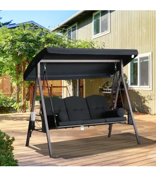 Columpio de Jardín Exteriorde 3 Plazas con Toldo Ajustable Bandejas Laterales y 2 Almohadas 208x121x172 cm Negro