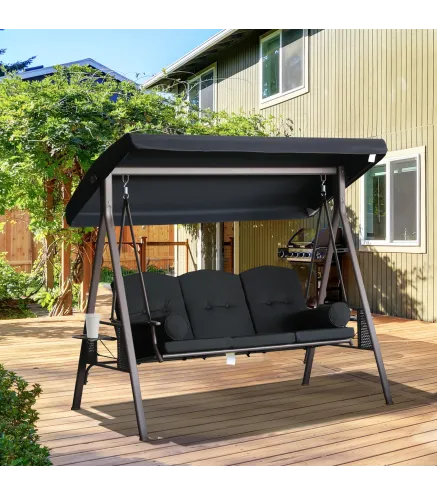 Columpio de Jardín Exteriorde 3 Plazas con Toldo Ajustable Bandejas Laterales y 2 Almohadas 208x121x172 cm Negro