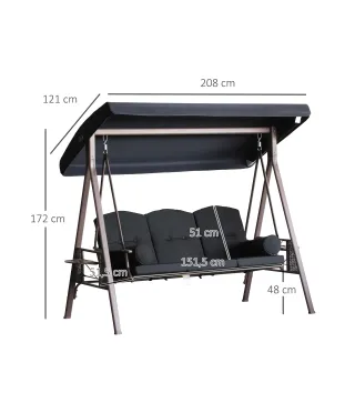 Columpio de Jardín Exteriorde 3 Plazas con Toldo Ajustable Bandejas Laterales y 2 Almohadas 208x121x172 cm Negro