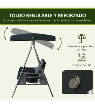 Columpio de Jardín Exteriorde 3 Plazas con Toldo Ajustable Bandejas Laterales y 2 Almohadas 208x121x172 cm Negro