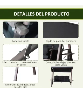 Columpio de Jardín Exteriorde 3 Plazas con Toldo Ajustable Bandejas Laterales y 2 Almohadas 208x121x172 cm Negro