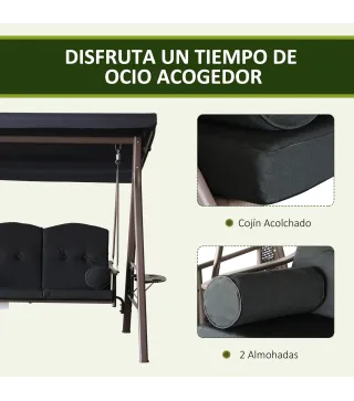 Columpio de Jardín Exteriorde 3 Plazas con Toldo Ajustable Bandejas Laterales y 2 Almohadas 208x121x172 cm Negro