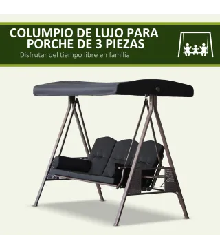 Columpio de Jardín Exteriorde 3 Plazas con Toldo Ajustable Bandejas Laterales y 2 Almohadas 208x121x172 cm Negro