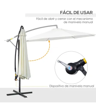 Sombrilla de Jardín 295 cm Parasol Excéntrico Inclinable con Manivela Base Cruzada y Soporte de Acero Crema