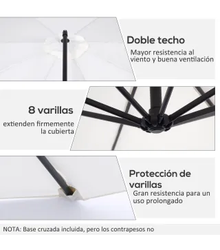 Sombrilla de Jardín 295 cm Parasol Excéntrico Inclinable con Manivela Base Cruzada y Soporte de Acero Crema