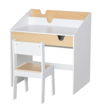 Escritorio para Niños con Silla de 3 a 6 Años con Cajón y Estante para Libros 70x50x75 cm Blanco y Natural