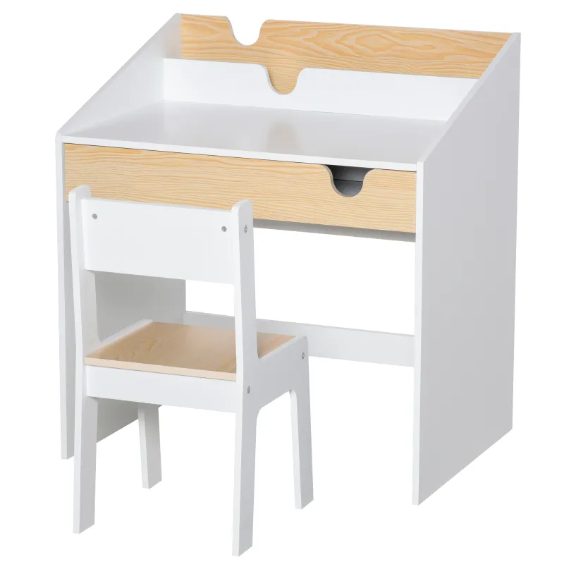Escritorio para Niños con Silla de 3 a 6 Años con Cajón y Estante para Libros 70x50x75 cm Blanco y Natural